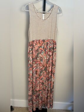 Discount Divas Striped Tank Maxi Dress Coral Paisley Skirt Pockets Stretchy XL